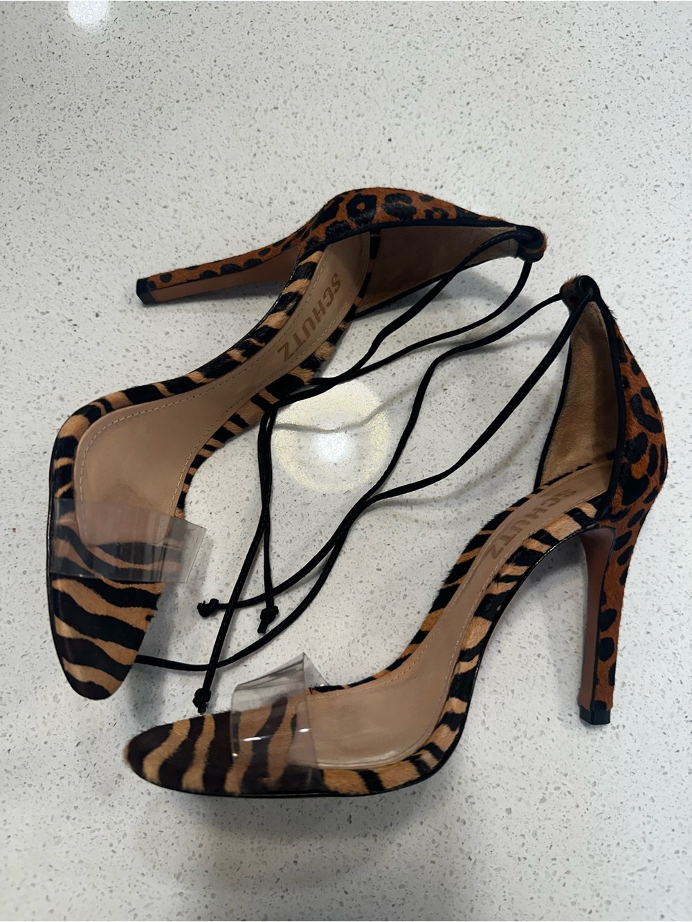SCHUTZ Leopard & Clear Lace-Up Stiletto Heels - Tan/Black